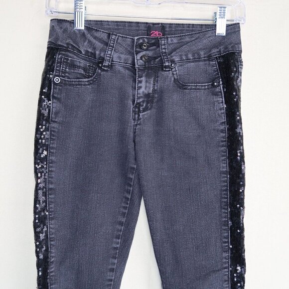 2b Bebe Jeans Womens 25 Skinny Low Rise Jeans Black Sequins Embellished Sides - Picture 2 of 11